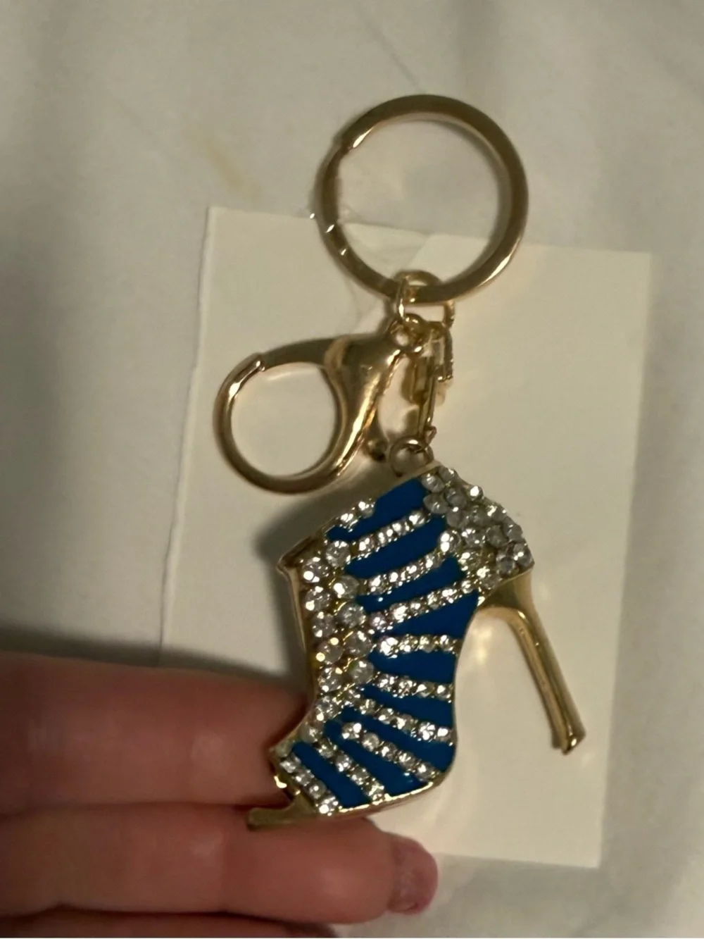 Keychain/Bag Charm Gold tone accents on a a blue heel shoe with rhinestones!
